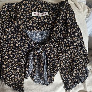 Free People Black and Cream Floral Blouse